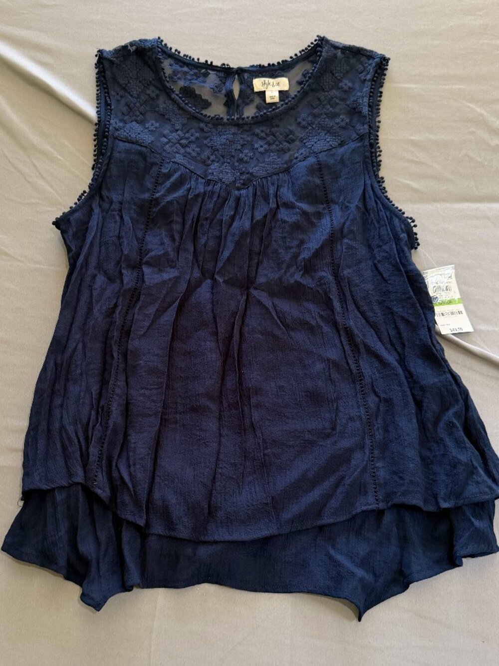 Style & Co. Women's Navy Blue Sleeveless Blouse Sheer Lace Embroidered Large New